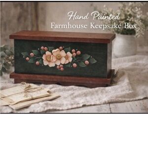 Wooden Keepsake 12” Vtg Hand Painted Box Farmhouse Folk Art Floral Line 12x6x6.5
